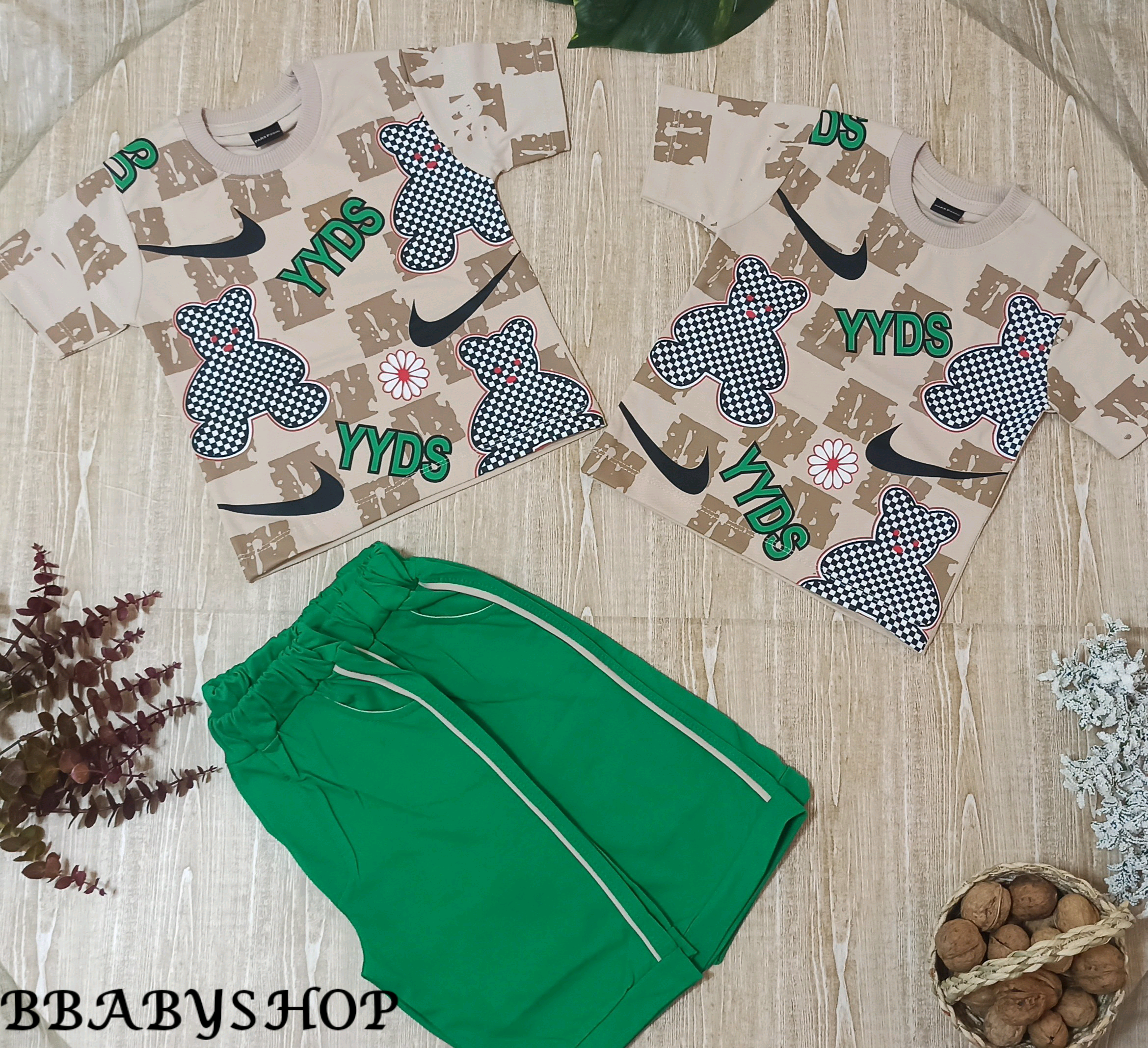 تیشرت و شلوارک خرسی شطرنجی بچگانه